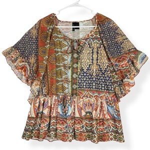 New Directions Blouse Womens Large L Boho Top Short Flutter Sleeves